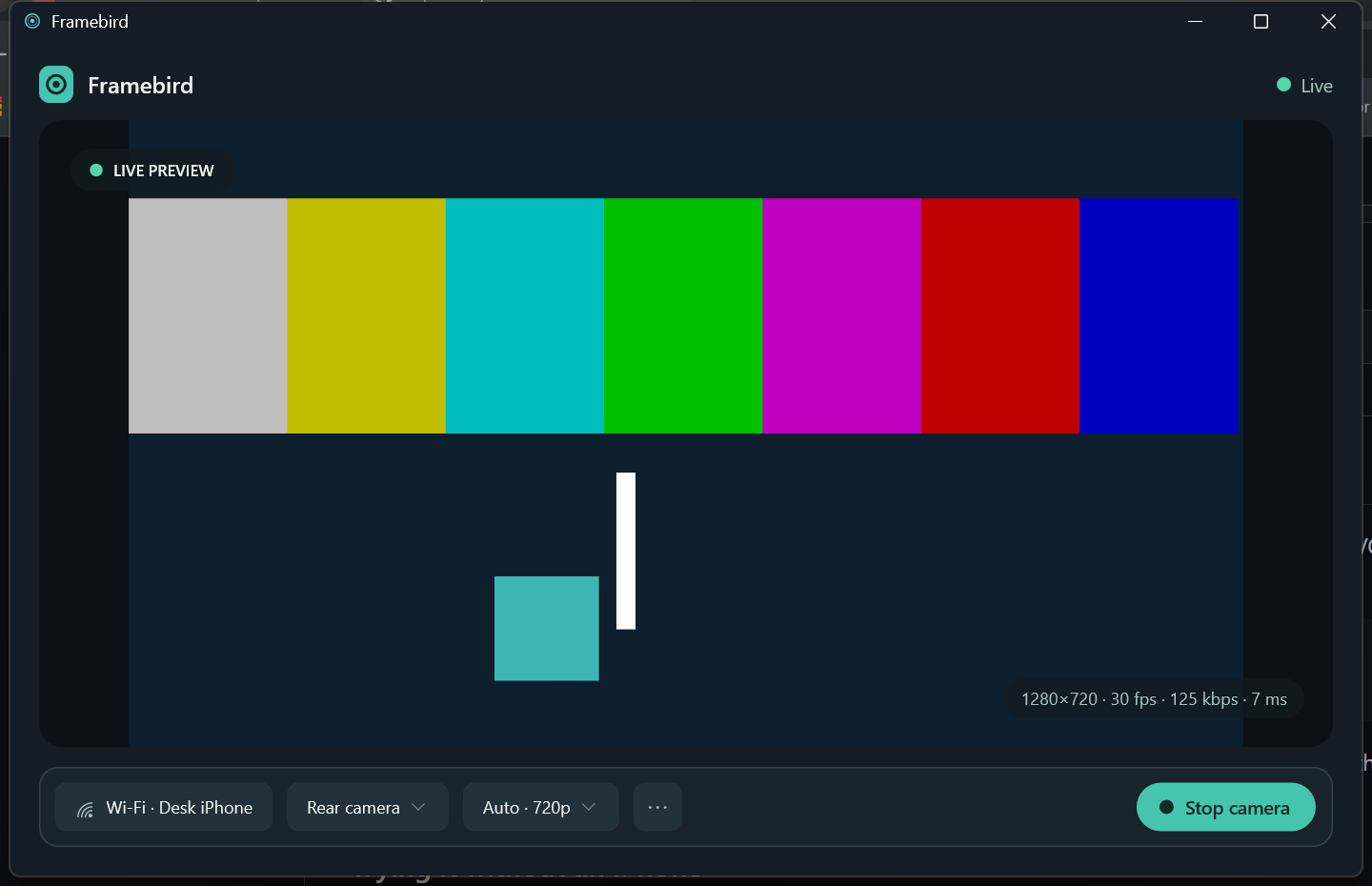 Framebird Windows app showing a live iPhone camera preview