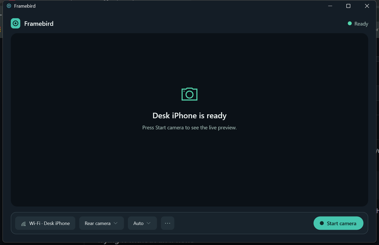 Framebird ready with a camera preview and Start camera button